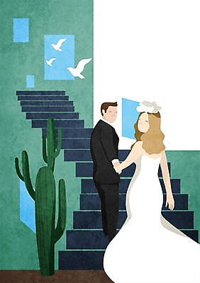 PSD 식물 커플 여자 남자 행복 신부 웨딩드레스 신랑 결혼 일러스트 선인장 함께함 사랑 사람 정장 턱시도 성인 두명 계단 손잡기 비둘기 국내일러스트 드레스 옷 감정 컨셉 관계 모션 조류 이벤트 파일형식