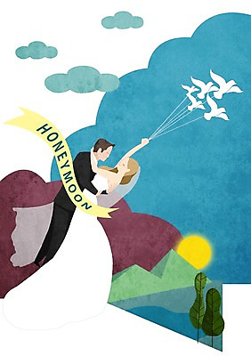 PSD 나무 구름 커플 여자 남자 행복 신부 웨딩드레스 신랑 결혼 일러스트 산 함께함 사랑 사람 정장 턱시도 성인 두명 태양 신혼여행 비둘기 국내일러스트 자연요소 식물 드레스 옷 감정 컨셉 관계 조류 이벤트 파일형식