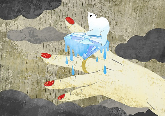 PSD 동물 구름 손 일러스트 사람 신체부위 환경 고통 반지 무서움 자연재해 북극곰 다이아몬드 지구온난화 국내일러스트 녹이기 자연요소 감정 장신구 곰 모션 보석 재해 기후변화 파일형식