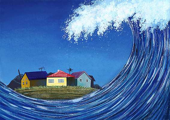 PSD 파도 일러스트 주택 사람없음 물 마을 환경 고통 무서움 자연재해 쓰나미 국내일러스트 자연요소 감정 바다 건물 재해 해일 파일형식