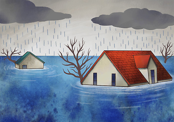 PSD 나무 구름 일러스트 날씨 주택 사람없음 물 환경 고통 잠김 비 무서움 홍수 자연재해 국내일러스트 자연요소 식물 감정 건물 재해 파일형식