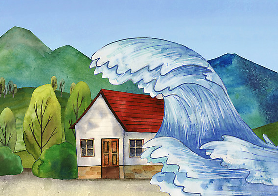 PSD 나무 식물 파도 일러스트 산 주택 사람없음 물 환경 고통 무서움 자연재해 쓰나미 국내일러스트 자연요소 감정 바다 건물 재해 해일 파일형식