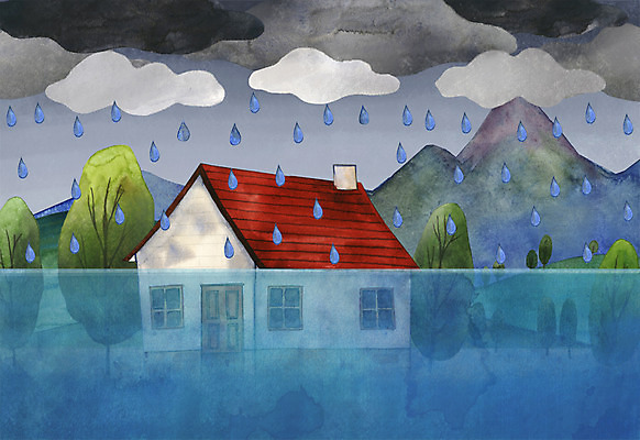 PSD 나무 식물 구름 일러스트 날씨 산 주택 사람없음 환경 고통 잠김 비 무서움 홍수 자연재해 국내일러스트 자연요소 감정 건물 재해 파일형식