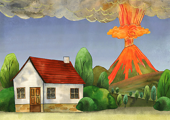 PSD 나무 식물 구름 일러스트 산 주택 사람없음 환경 고통 무서움 폭발 자연재해 화산 용암 국내일러스트 자연요소 감정 건물 재해 파일형식