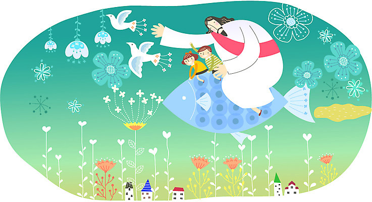 식물 여자 남자 꽃 행복 기독교 종교 어린이 백그라운드 일러스트 조류 주택 어류 사람 성인 세명 믿음 예수 하나님 국내일러스트 AI파일 동물 감정 건물 수중동물 신_종교 파일형식 벡터