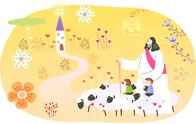 식물 동물 여자 남자 꽃 행복 기독교 종교 길 어린이 백그라운드 일러스트 지팡이 사람 성인 세명 교회 믿음 성경 양 예수 하나님 국내일러스트 AI파일 감정 종교용품 포유류 종교건축 건물 신_종교 파일형식 벡터