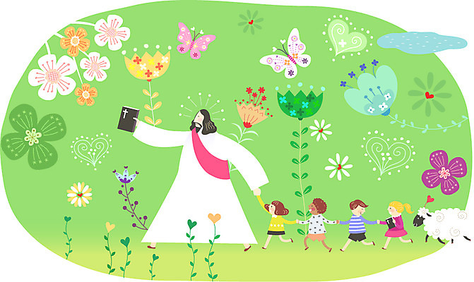 식물 동물 여자 남자 꽃 행복 기독교 종교 어린이 나비 곤충 백그라운드 일러스트 사람 여러명 성인 믿음 손잡기 성경 양 예수 하나님 행진 국내일러스트 AI파일 감정 다수 종교용품 포유류 모션 신_종교 파일형식 벡터