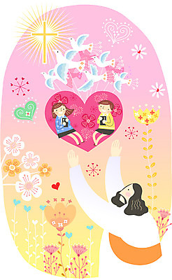 식물 여자 남자 꽃 행복 기독교 종교 어린이 백그라운드 십자가 일러스트 조류 사람 성인 세명 믿음 하트 예수 하나님 국내일러스트 AI파일 모양 동물 감정 신_종교 파일형식 벡터