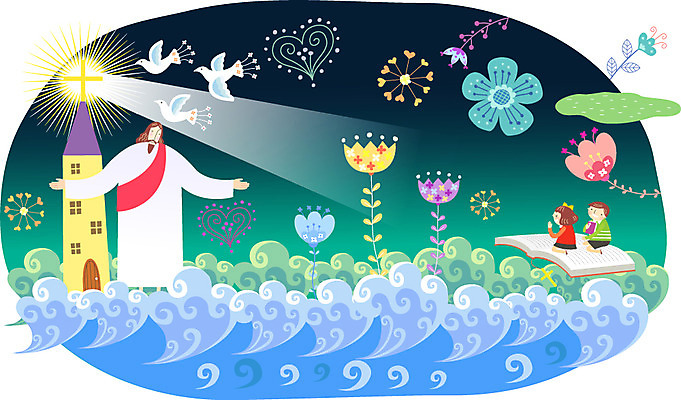 식물 여자 남자 꽃 행복 기독교 종교 어린이 파도 바다 백그라운드 일러스트 조류 사람 성인 책 세명 빛 교회 믿음 예수 하나님 국내일러스트 AI파일 동물 감정 종교건축 건물 신_종교 파일형식 벡터