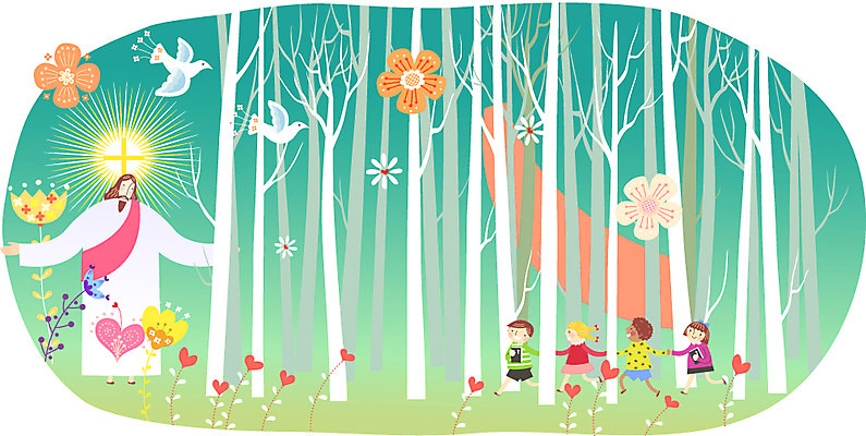 나무 식물 여자 남자 꽃 행복 기독교 종교 어린이 백그라운드 십자가 일러스트 조류 사람 여러명 성인 믿음 성경 예수 하나님 숲 국내일러스트 AI파일 동물 감정 다수 종교용품 신_종교 파일형식 벡터