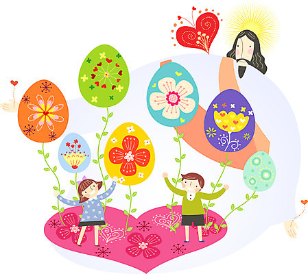 식물 여자 남자 꽃 행복 기독교 종교 어린이 백그라운드 일러스트 부활절 사람 성인 세명 믿음 계란 하트 예수 하나님 국내일러스트 AI파일 모양 기념일 감정 알 신_종교 파일형식 벡터