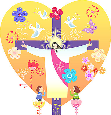 식물 여자 남자 꽃 행복 기독교 종교 어린이 백그라운드 십자가 일러스트 조류 사람 성인 세명 믿음 기도 예수 하나님 국내일러스트 AI파일 동물 감정 신_종교 파일형식 벡터