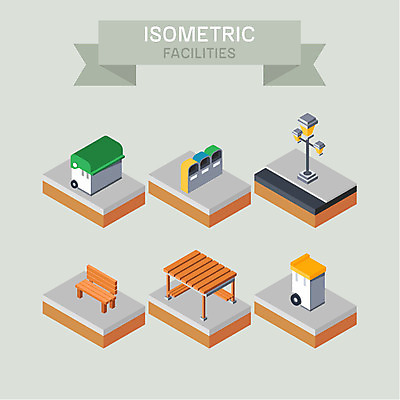 공공시설 가로등 벤치 일러스트 사람없음 쓰레기통 시설 아이소메트릭 국내일러스트 AI파일 의자 파일형식 벡터