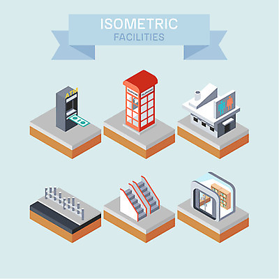 공공시설 일러스트 사람없음 울타리 계단 화장실 시설 에스컬레이터 아이소메트릭 서점 ATM 국내일러스트 AI파일 담장 상점 파일형식 벡터