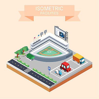 나무 도로 일러스트 자동차 사람없음 경기장 트럭 스쿠터 시설 주차장 야구장 아이소메트릭 국내일러스트 AI파일 식물 길 육상교통 스포츠시설 교통시설 오토바이 파일형식 벡터