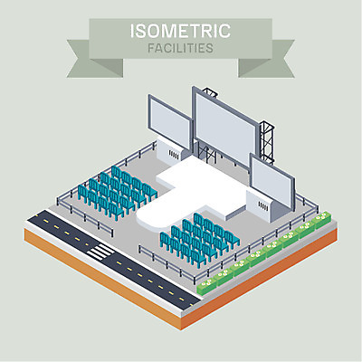 도로 의자 일러스트 사람없음 울타리 무대 콘서트홀 시설 전광판 아이소메트릭 객석 국내일러스트 AI파일 길 가구 교통시설 담장 공연장 파일형식 벡터