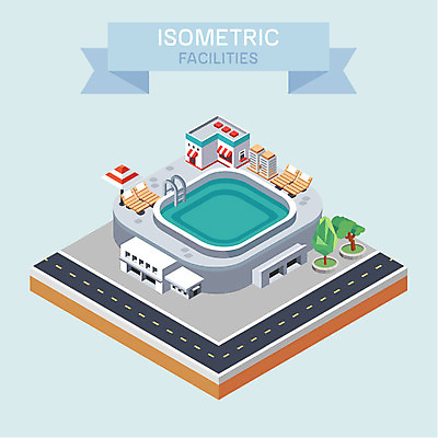 나무 도로 일러스트 수영장 사람없음 건물 파라솔 시설 선베드 아이소메트릭 매점 국내일러스트 AI파일 식물 건축물 길 의자 교통시설 상점 파일형식 벡터