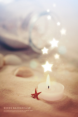 PSD 편집이미지 별 모래 백그라운드 초 촛불 포토일러 유리병 불가사리 사람없음 모래사장 조약돌 보케 블러 이미지편집 자연요소 바다 병_용기 극피동물 돌_바위 파일형식