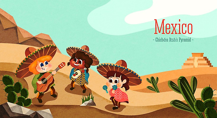 PSD 식물 여자 남자 나라 어린이 악기 여행 연주 일러스트 멕시코 선인장 함께함 사람 세명 세계 도전 기타 체험학습 체험 다인종 솜브레로 랜드마크 판초 어린이만 국내일러스트 모자_잡화 음악 컨셉 북아메리카 현악기 인종 전통의상 파일형식