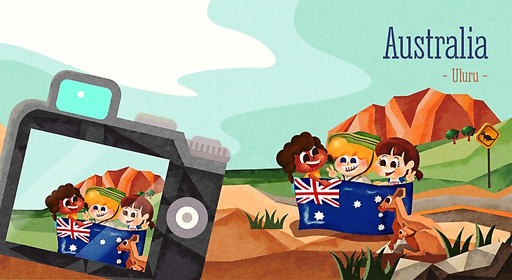 주간 PSD 여자 남자 나라 어린이 여행 일러스트 자연 함께함 사람 여러명 야외 세계 카메라 사진촬영 도전 돌_바위 바위 체험학습 체험 호주 국기 다인종 캥거루 랜드마크 어린이만 국내일러스트 자연요소 다수 컨셉 포유류 인종 전자제품 촬영 오세아니아 생태계 파일형식