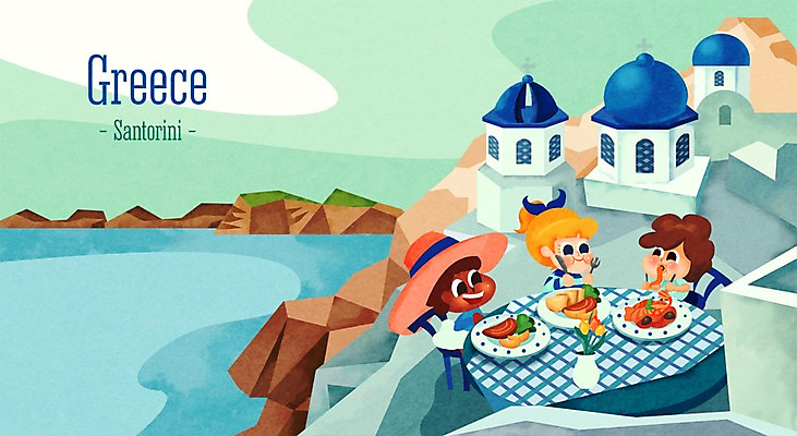 주간 PSD 여자 남자 나라 어린이 음식 바다 여행 일러스트 식탁 함께함 사람 풍경 야외 건물 세명 세계 도전 체험학습 체험 그리스 다인종 산토리니 랜드마크 어린이만 국내일러스트 자연요소 건축물 유럽 컨셉 탁자 인종 파일형식