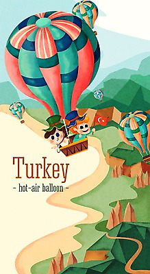 PSD 여자 남자 나라 어린이 여행 일러스트 자연 함께함 사람 풍경 두명 세계 도전 열기구 비행 체험학습 체험 다인종 랜드마크 어린이만 튀르키예 국내일러스트 아시아 컨셉 항공교통 인종 생태계 파일형식