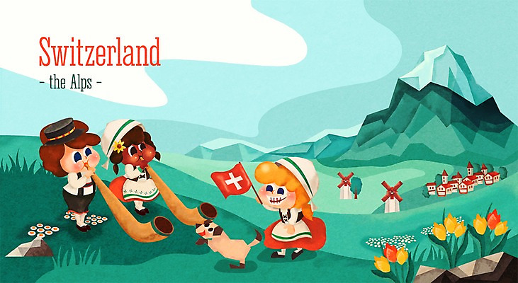 PSD 식물 여자 남자 꽃 나라 어린이 여행 일러스트 자연 산 주택 함께함 사람 풍경 세명 세계 마을 풍차 튤립 도전 체험학습 체험 강아지 스위스 알프스 다인종 랜드마크 알프혼 어린이만 국내일러스트 유럽 악기 컨셉 인종 건물 반려동물 개 생태계 파일형식