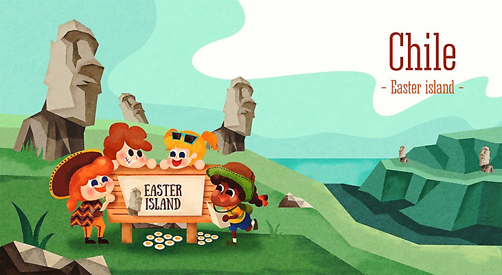 주간 PSD 여자 남자 나라 어린이 여행 일러스트 자연 함께함 사람 풍경 여러명 야외 세계 도전 체험학습 체험 다인종 칠레 랜드마크 모아이 어린이만 국내일러스트 자연요소 다수 컨셉 인종 남아메리카 생태계 석상 이스터섬 파일형식