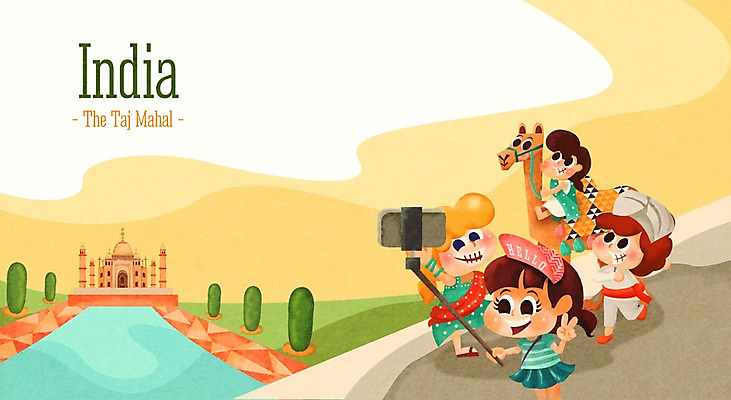 주간 PSD 여자 남자 나라 어린이 여행 일러스트 함께함 사람 여러명 야외 세계 도전 체험학습 체험 인도 낙타 다인종 타지마할 랜드마크 셀카봉 어린이만 국내일러스트 자연요소 아시아 다수 컨셉 포유류 인종 세계문화유산 파일형식