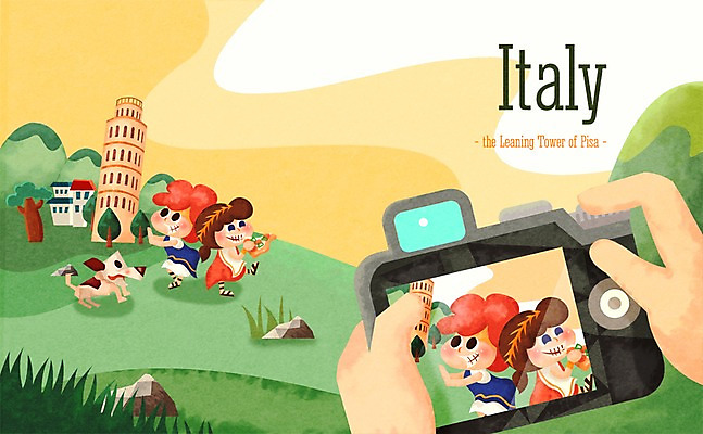 PSD 여자 남자 나라 어린이 여행 일러스트 함께함 사람 세계 카메라 사진촬영 이탈리아 도전 체험학습 체험 강아지 피사의사탑 다인종 랜드마크 어린이만 국내일러스트 유럽 컨셉 인종 전자제품 반려동물 촬영 세계문화유산 개 파일형식