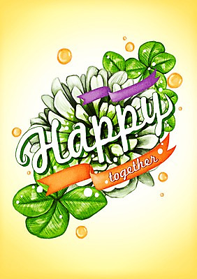 PSD 식물 문자 알파벳 영어 꽃 행복 리본 백그라운드 잎 일러스트 함께함 사람없음 라벨 물방울 클로버 토끼풀 국내일러스트 감정 컨셉 프레임 파일형식