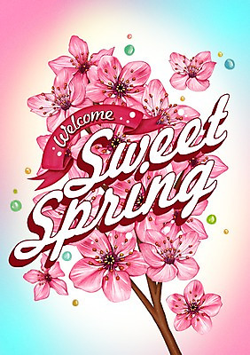 PSD 식물 문자 알파벳 영어 계절 꽃 행복 리본 백그라운드 일러스트 사람없음 라벨 봄 벚꽃 물방울 국내일러스트 감정 프레임 파일형식