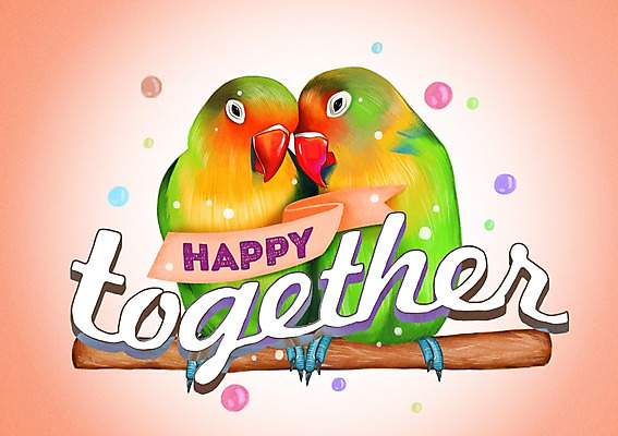 PSD 문자 알파벳 영어 행복 리본 한쌍 백그라운드 두마리 일러스트 조류 함께함 사람없음 라벨 물방울 앵무새 국내일러스트 동물 감정 컨셉 2 프레임 파일형식