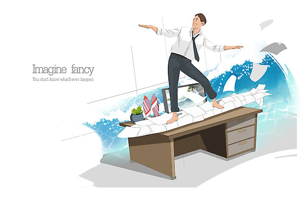 PSD 식물 남자 화분 종이 파도 일러스트 비즈니스 상상 한명 사람 성인 컴퓨터 모니터 서핑보드 직장인 비즈니스맨 보드 책상 문서 일탈 남자만 남자한명만 성인남자만 성인만 국내일러스트 직업 1 스포츠 바다 가구 전자제품 보드_스포츠 파일형식