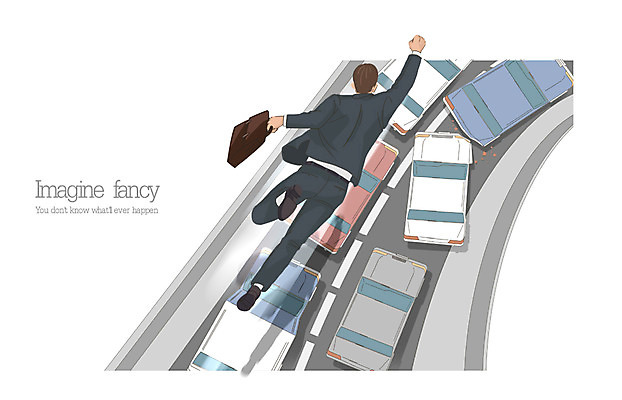 PSD 남자 도로 일러스트 비즈니스 상상 자동차 한명 사람 성인 비행 비즈니스맨 일탈 러시아워 남자만 남자한명만 성인남자만 성인만 국내일러스트 1 길 육상교통 교통 교통시설 직장인 파일형식