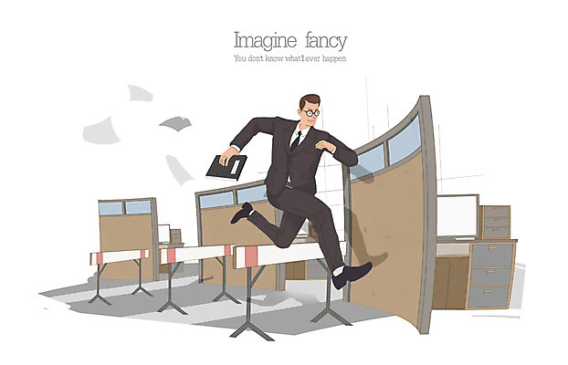 PSD 남자 종이 일러스트 비즈니스 상상 실내 한명 사람 성인 사무실 달리기 비즈니스맨 허들 장애물 책상 문서 결제 일탈 남자만 남자한명만 성인남자만 성인만 국내일러스트 1 가구 모션 내부 직장인 파일형식