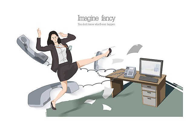 PSD 여자 일러스트 비즈니스 상상 한명 사람 성인 컴퓨터 사무실 비즈니스우먼 킥 전화기 책상 일탈 여자만 여자한명만 성인여자만 성인만 국내일러스트 1 가구 모션 전자제품 직장인 파일형식