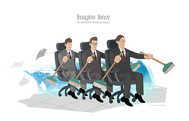 PSD 남자 종이 의자 일러스트 비즈니스 상상 협력 사람 정장 성인 세명 비즈니스맨 빗자루 문서 일탈 남자만 성인남자만 성인만 국내일러스트 옷 가구 직장인 청소도구 파일형식