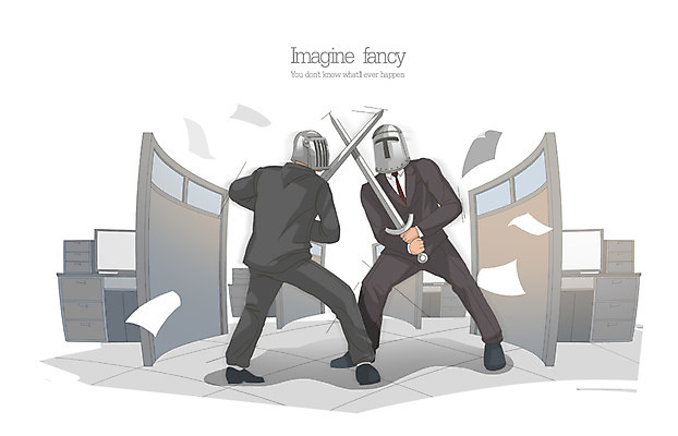 PSD 남자 종이 일러스트 비즈니스 상상 사람 성인 두명 사무실 비즈니스맨 중세기사 칼 문서 싸움 일탈 파티션 남자만 성인남자만 성인만 국내일러스트 모션 직장인 파일형식
