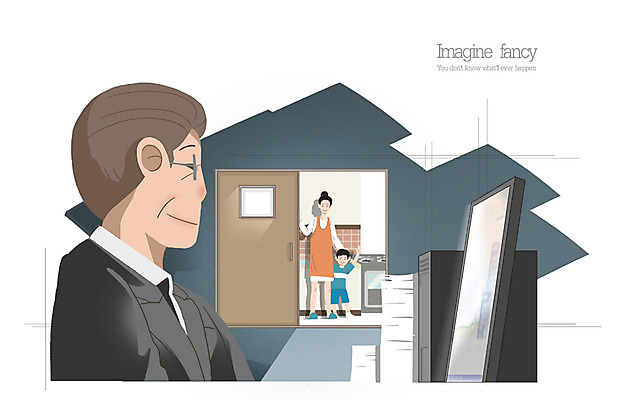 PSD 여자 남자 어린이 일러스트 비즈니스 가족 상상 사람 성인 세명 문 모니터 비즈니스맨 야근 일탈 철야 국내일러스트 관계 컴퓨터 업무 직장인 파일형식