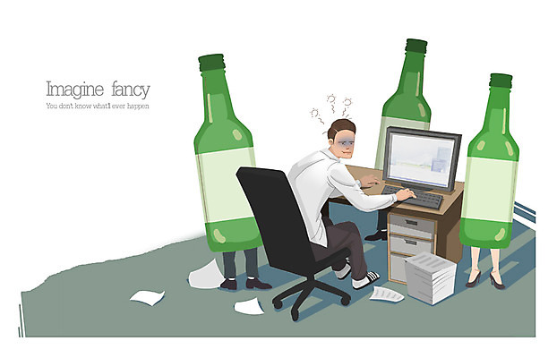 PSD 남자 종이 의자 일러스트 비즈니스 상상 술병 한명 사람 성인 컴퓨터 비즈니스맨 책상 문서 두통 소주병 일탈 숙취 남자만 남자한명만 성인남자만 성인만 국내일러스트 1 가구 병_용기 주류 전자제품 직장인 질병 소주 파일형식