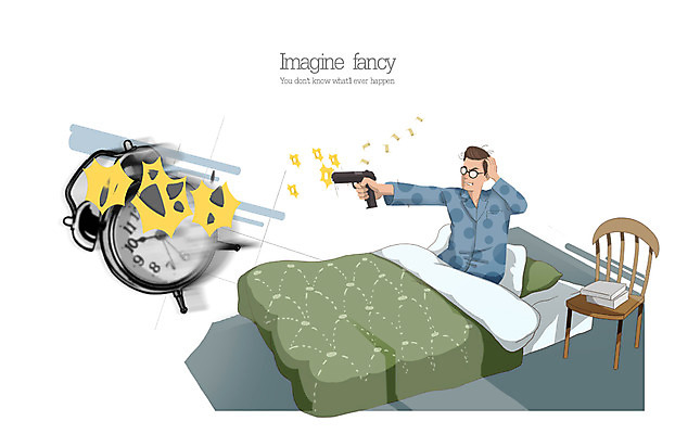 PSD 남자 의자 일러스트 비즈니스 베개 상상 한명 사람 성인 책 이불 총 자명종 짜증 기상 침대 사격 일탈 남자만 남자한명만 성인남자만 성인만 국내일러스트 1 감정 무기 시계 가구 침구 모션 알람 파일형식