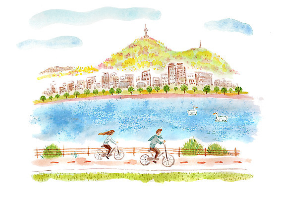 주간 PSD 커플 계절 여자 남자 일러스트 산 함께함 사랑 사람 풍경 빌딩 성인 야외 두명 울타리 강 자전거 봄 산책 도시 한강 남산 오리배 성인만 국내일러스트 자연요소 감정 컨셉 관계 휴식 서울 건물 담장 바이크 랜드마크 파일형식