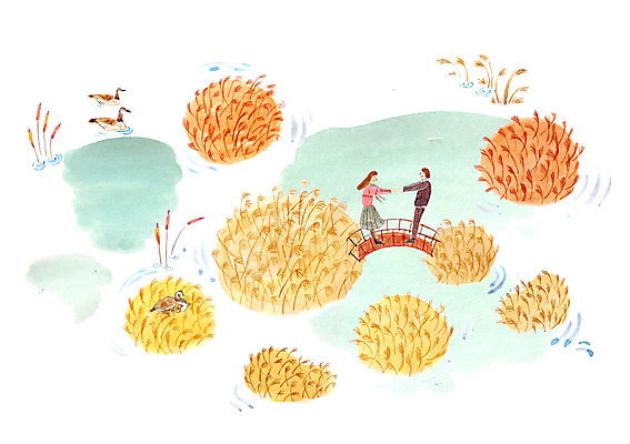 PSD 식물 커플 계절 여자 남자 호수 일러스트 오리 함께함 갈대 사랑 사람 성인 두명 손잡기 가을 억새 청둥오리 가교 성인만 국내일러스트 건축물 감정 컨셉 관계 모션 조류 파일형식