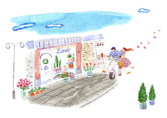 주간 PSD 식물 구름 커플 여자 남자 꽃 화분 일러스트 함께함 사랑 사람 성인 야외 두명 상점 드라이브 스쿠터 오토바이 꽃집 성인만 국내일러스트 자연요소 감정 컨셉 관계 바이크 운전 파일형식