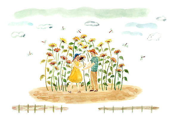 PSD 식물 구름 커플 계절 여자 남자 꽃 곤충 일러스트 날씨 해바라기 함께함 사랑 사람 성인 두명 여름 잠자리 성인만 국내일러스트 자연요소 동물 감정 컨셉 관계 파일형식