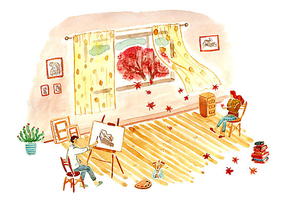 PSD 커플 계절 여자 남자 액자 낙엽 의자 일러스트 창문 함께함 실내 사랑 사람 성인 두명 책 가을 붓 커튼 그리기 팔레트 이젤 성인만 국내일러스트 감정 가구 컨셉 잎 관계 모션 내부 미술도구 파일형식