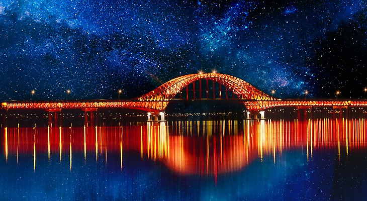 JPG 편집이미지 별 백그라운드 야경 사람없음 반사 3D 우주 화려 신비 디지털합성 합성 별빛 한강다리 가교 디지털아트 이미지편집 편집3D 자연요소 건축물 컨셉 빛 다리_건축물 야간 한강 파일형식 풍경_경치