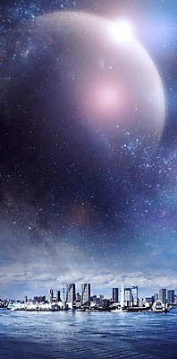 JPG 편집이미지 별 백그라운드 밤하늘 빌딩 사람없음 물 강 3D 우주 행성 도시 화려 신비 디지털합성 디지털아트 이미지편집 편집3D 자연요소 컨셉 하늘 건물 야간 파일형식