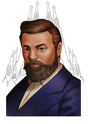 PSD 서양인 외국인 남자 일러스트 수염 한명 사람 상반신 성인 건축가 위인 가우디 사그라다파밀리아 스페인인 남자만 남자한명만 성인남자만 성인만 국내일러스트 직업 1 인종 성당 바르셀로나 파일형식